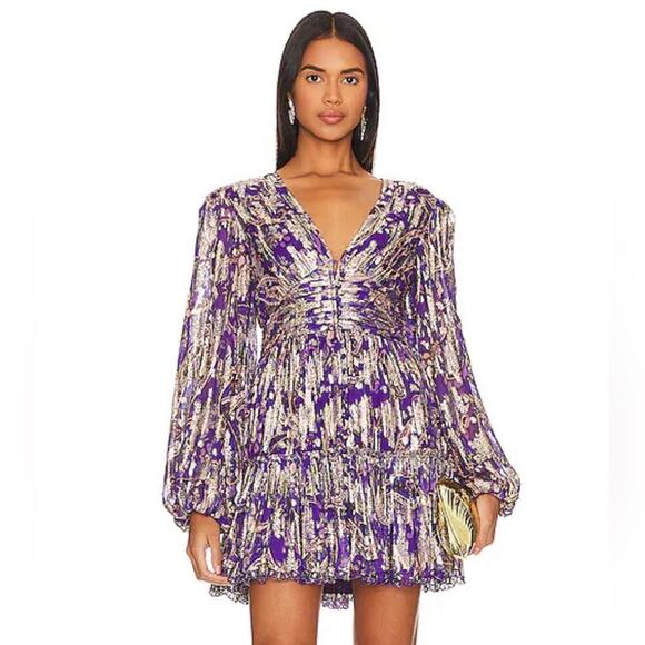 Hemant & Nandita Puff Sleeve Metallic Short Dress in Purple/Gold Small NWT - Picture 1 of 14